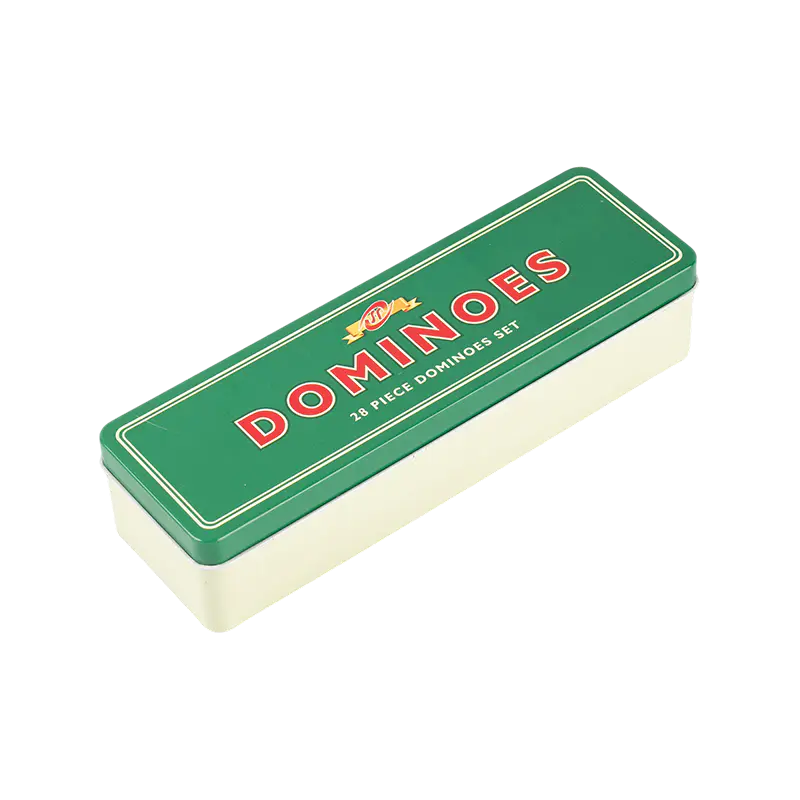 Klassisk dobbel seks domino med grønn og hvit jernboks